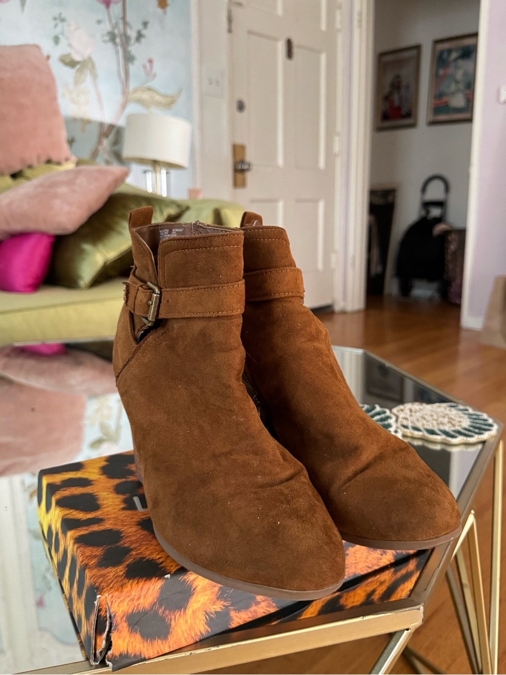 Women's Suede Ankle Boots in Brown - Stylish Buckle Detail